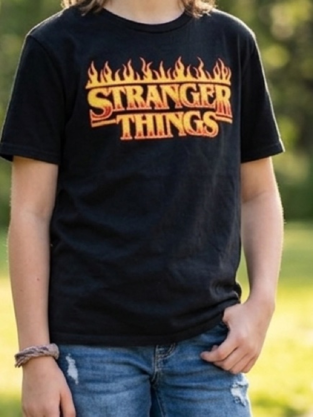 Teens Netflix Stranger Things Black Tee with Flame Logo sz 14/16